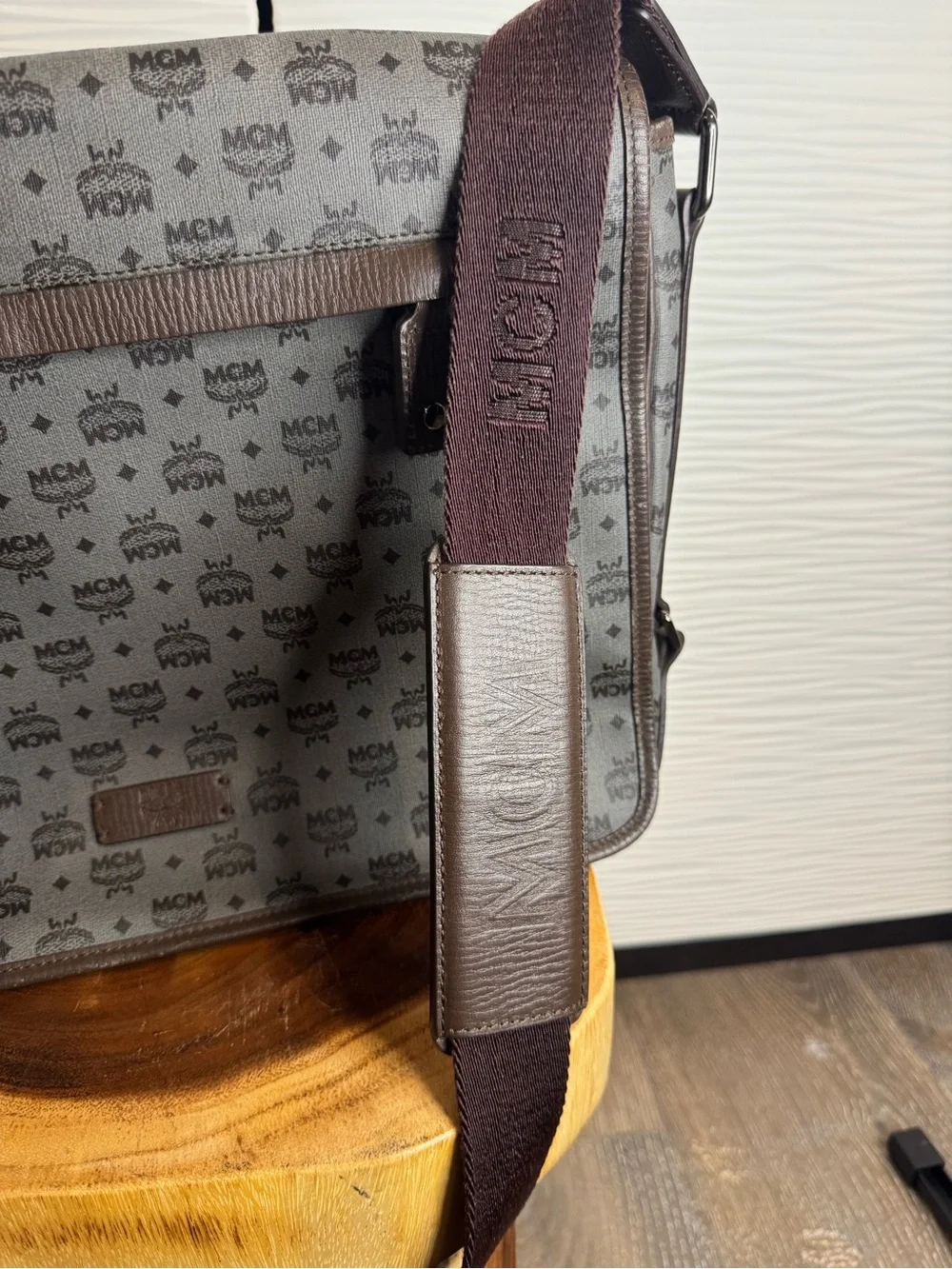 MCM Gray Monogram Laptop Messenger Bag